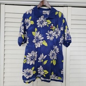 Vintage Disney Hawaiian Polo Shirt Size L Blue Floral Tropical Mickey Mouse 90s